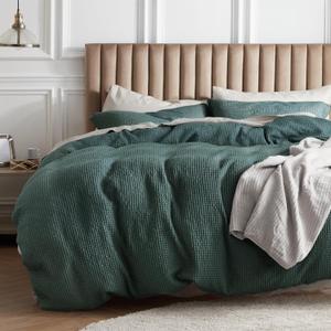Bedsure Cotton Duvet Cover Queen - 100% Cotton Waffle Weave Forest Green Duvet Cover Queen Size, GentleSoft and Breathable Bedding Set for All Season, 3 Pieces, 90"x90"