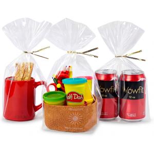 Wowfit 50 CT 8x12 Inch Clear Flat Cellophane Treat Bags with 6” Gold Twist Ties, Cello Packaging for Mugs, Dessert, Muffins, Party Favors and Gift Wrapping