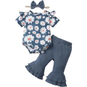 SUNNY PIGGY Baby Girl Clothes Newborn Outfits Ruffle Floral Romper Flared Pants 3Pcs for Infant 0 3 6 9 12 18 24 Months (Blue)