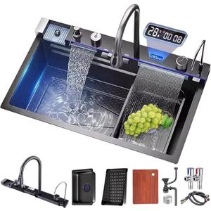 Kitchen sink double waterfall sink with LED display with cup washer, soap dispenser, waterfall mixer, worktop controller, etc. workstation kitchen sink (Gun grey, 35.4 * 19.7 * 8.7 IN)