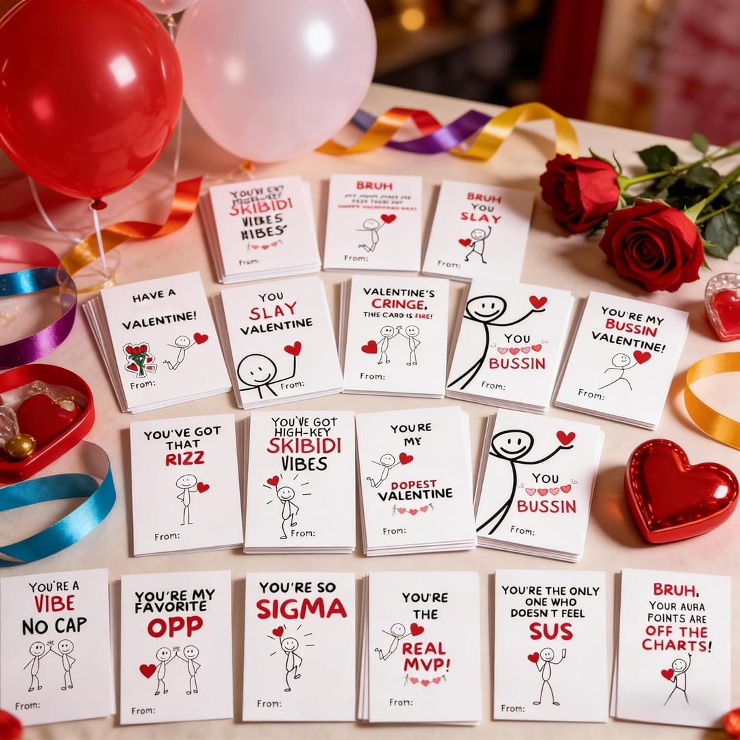 Funny Valentine's Day Cards Set, 24 Pack, 24 Design with Slang Phrases, 3.5x5 inch, Kids Classroom Exchange