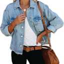 LONGBIDA Women's Jean Jacket Frayed Washed Button Up Cropped Denim Jacket With Pockets (Large, Light Blue)