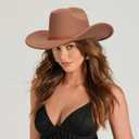 AQOKKA Western Cowboy Hats for Women Classic Felt Wide Brim Fedora Hat with Belt Buckle Retro Panama Hat Unisex Rolled up Cap