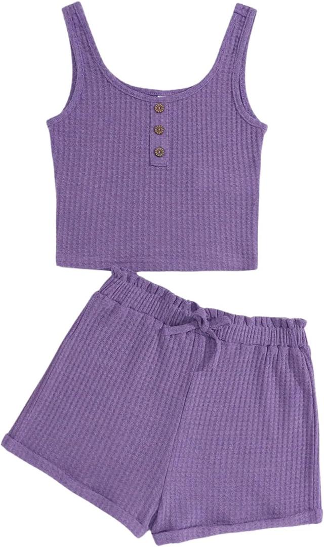 Girl's 2 Piece Outfits Waffle Knit Scoop Neck Button Down Crop Tank Tops Paperbag Waist Track Shorts (10-11 Years, Purple)