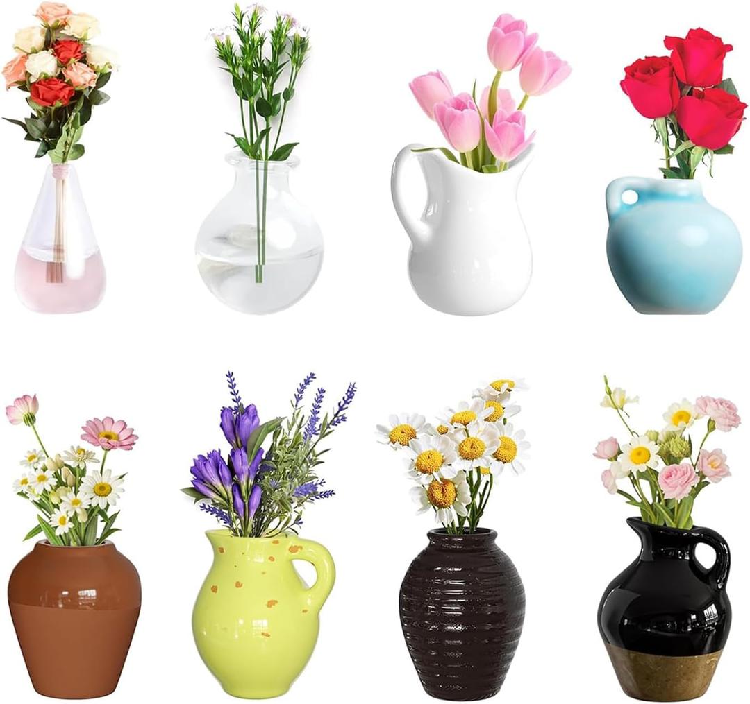 8Pcs Mini Vase Magnets for Fridge,Cute Ceramic Model Vase Fridge Magnets,Mini 3D Plant Vases for Refrigerator Kitchen Locker Office