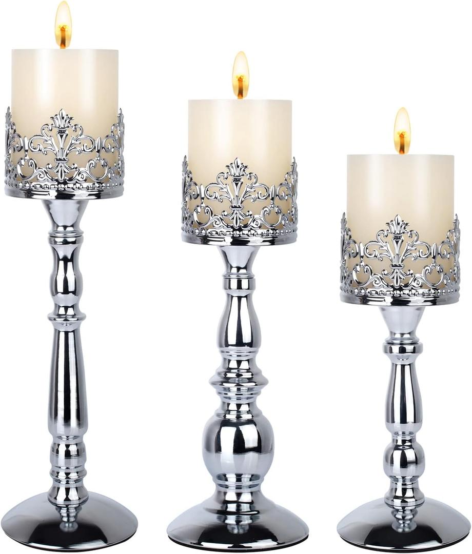 Candle Holders for Pillar Candles Set of 3 Silver Vintage Tall Candle Holders Decorative Large Table Centerpieces Candle Stand Decor