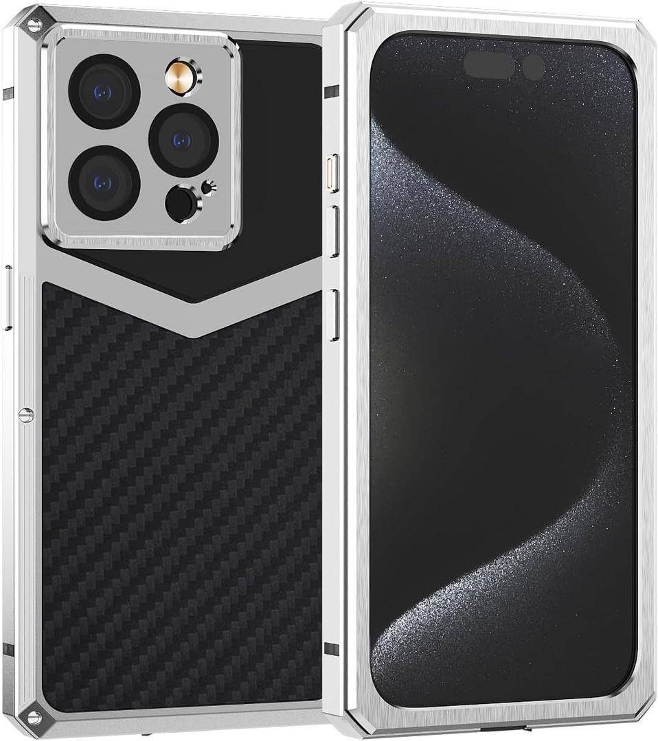 Luxury Carbon Fiber with Aluminium Case for iPhone 14 Pro 6.1", Military Shockproof Protective Armor Phone Cover with Tempered Glass Screen Protector Full Body Heavy Duty Drop Protection for Men