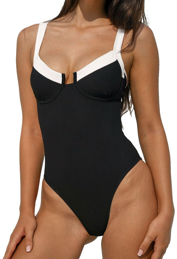 Women's Contrast Trim Knotted Slimming One-Piece Swimsuit Vintage Bathing Suits S