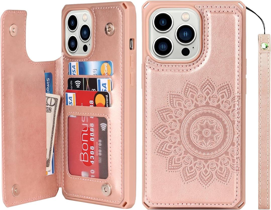 iCoverCase Compatible with iPhone 13 Pro Max Wallet Phone Case with Card Holder for Women, RFID Blocking Embossed PU Leather Wrist Strap Case 6.7 Inch (Mandala Rose Gold)
