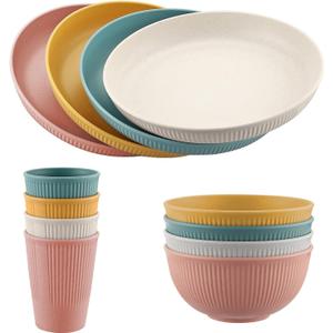 18pcs Wheat Straw Dinnerware Sets, Unbreakable dish Set Reusable Plates, Bowls, and Cups Set dishes Dishwasher Microwave Safe for Kitchen Outdoor Travel Camping (Macron Color)