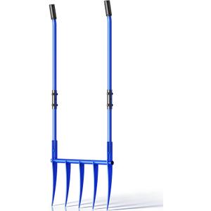 56'' Heavy Duty Broadfork for All the Soils, Unbreakable Design Pitchfork, 5 Sharp and Cambered 11'' Tines Bord Fork Garden Tool, Ergonomic Handles, Good Package, Easy Assembly, Blue