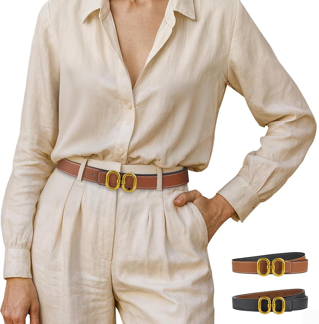 Women's Leather Belt for Jeans, Dress, Pants & Formal Outfits, Ladies Trendy Reversible Design Belt with Gold Buckle