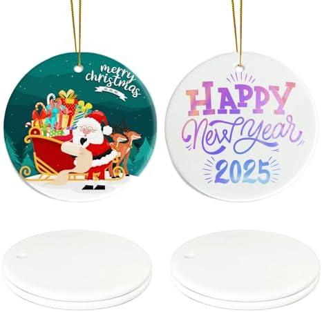 Sublimation Ceramic Ornaments, Round Porcelain Discs, Bulk Blanks for DIY Heat Press, Personalized Xmas Tree Ornament, White (4, Round) Pack of 4