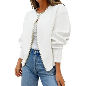 ZESICA Women's Open Front Cardigan Sweater 2026 Spring Casual Knitted Long Sleeve Pearls Trim Outerwear Coat Trendy Clothes White Medium