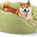 Bedsure Calming Dog Bed for Medium Dogs - Donut Washable Medium Pet Bed, Anti-Slip Round Fluffy Plush Faux Fur Cat Bed, Fits up to 45 lbs Pets, Green, 30 inches