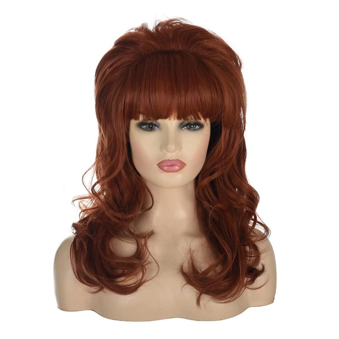 MORTICIA Women 80s Hippie Drag Queen Hair with Red Pearl Necklace Beehive Vintage Retro Bouffant Costume Curly Long Synthetic Wig with Bangs (Auburn)