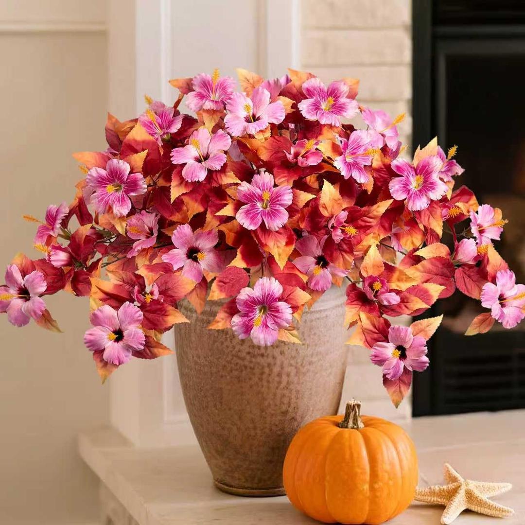 Fall Fake Flowers Artificial for Outdoors Decoration, 2PCS Faux Hibiscus Flowers for Outside Planters, Realistic Silk Autumn Plants with UV Resistant No Fade for Home Porch Garden Balcony Yard Decor