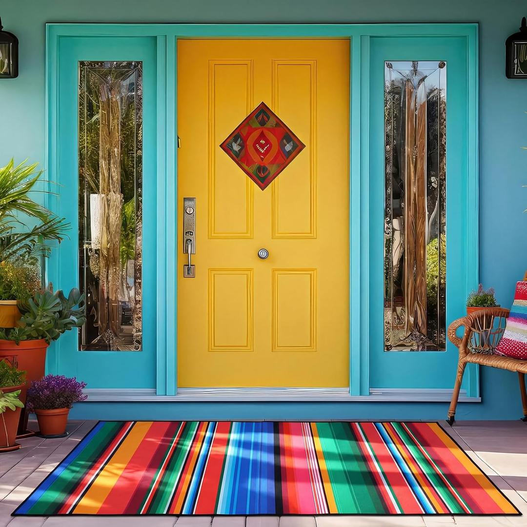 Tinideya 4' x 6' Mexican Outdoor Rug Plastic Straw Front Doormat Mat Patio Deck Mat Waterproof Outdoor Rug Outside Indoor Garden Lawn Balcony Porch Holiday Decor(Striped, Rainbow)