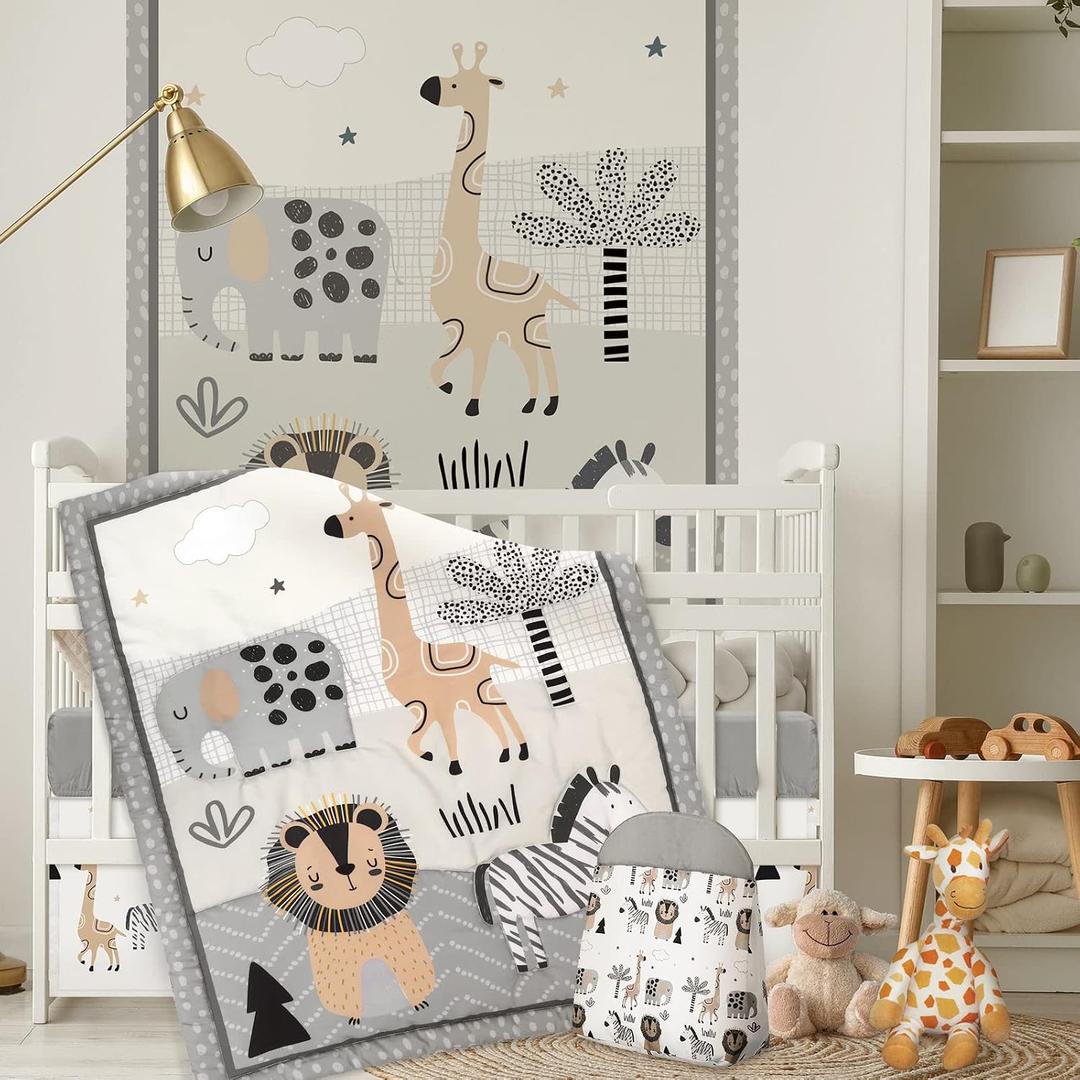4 Piece Woodland Forest Animals Crib Bedding Set, Including Jungle Safari Crib Skirt, Blanket, Nursery Bed Sheet and Diaper Stacker, Soft Neutral Nursery Standard Size Baby Bedding for Baby Girls Boys