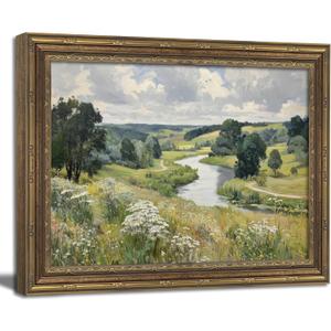 Gold Framed Wall Art Vintage Countryside River Wall Art Rustic Nature Wildflower Meadow Landscape Wall Decor Picture Farmhouses Country Cottage Poster Print Artwork for Living Room Bedroom 9x11in