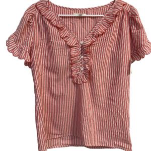 Max Studio Women's Top Ruffle Sleeve Blouse Short Sleeve Striped Cotton L