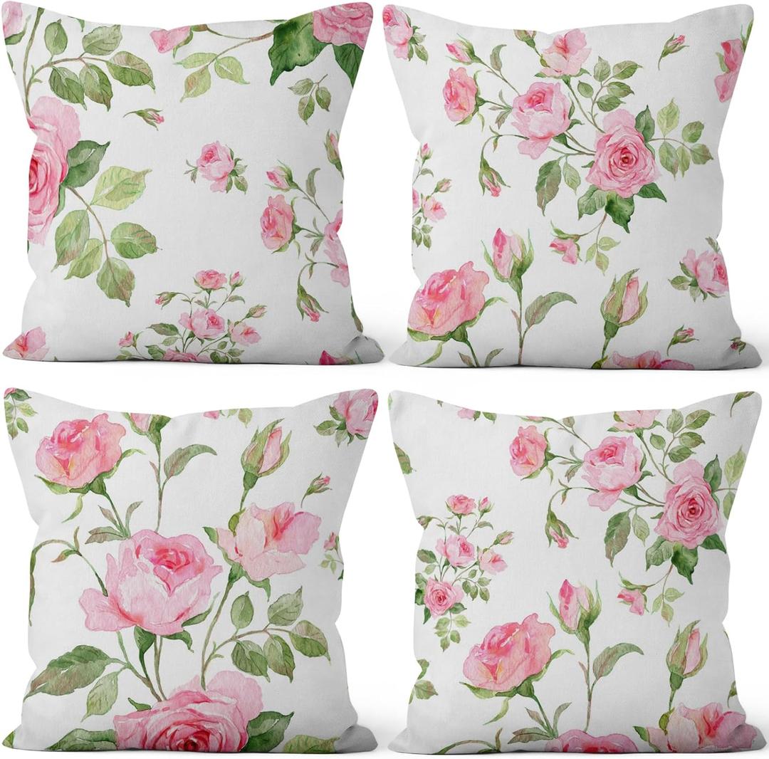 Pink Roses Throw Pillow Covers Blooming Floral Set of 4 Vintage Countryside Small Flower Green Leaves Linen Square Pillowcases for Couch Sofa Bedroom Patio Farmhouse Chair 16x16 Inch (White)
