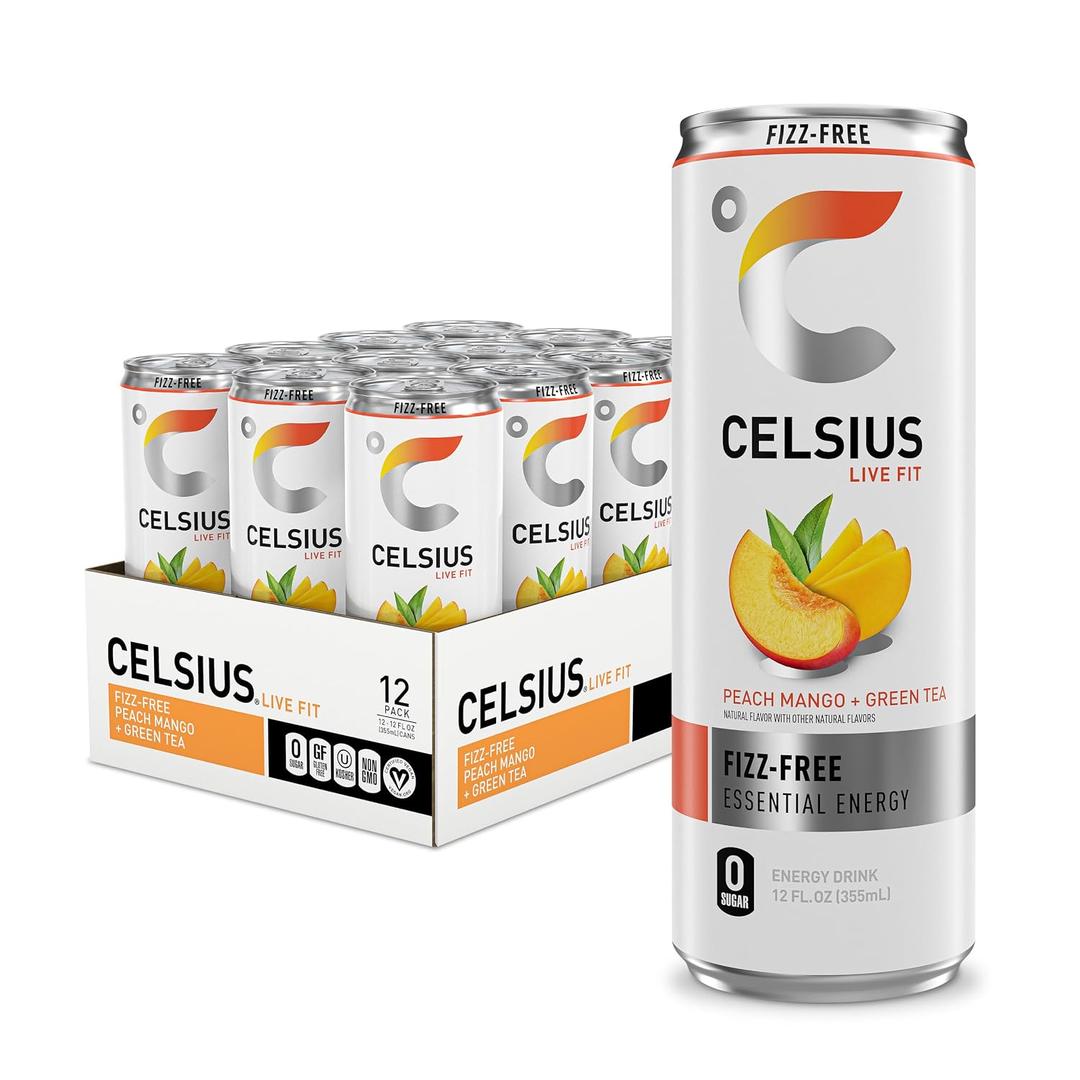 CELSIUS Fizz Free Peach Mango Green Tea, Sugar Free Energy Drink, 12 Fl Oz (Pack of 12)