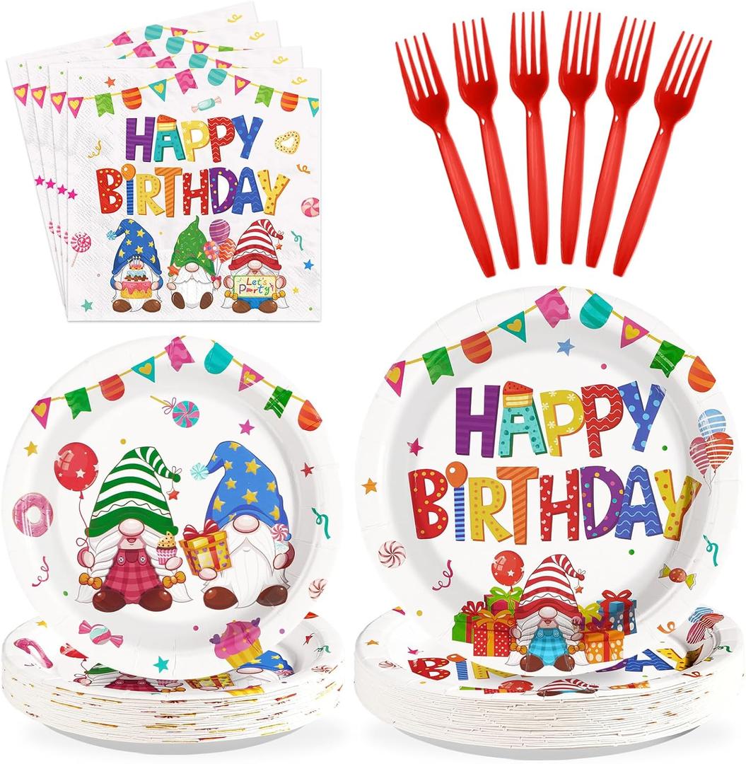 96Pcs Gnome Birthday Party Supplies Colorful Rainbow Gnomes Plates and Napkins Gnome Themed Tableware Set for Boys Girls Birthday Christmas Party SuppliesServes 24