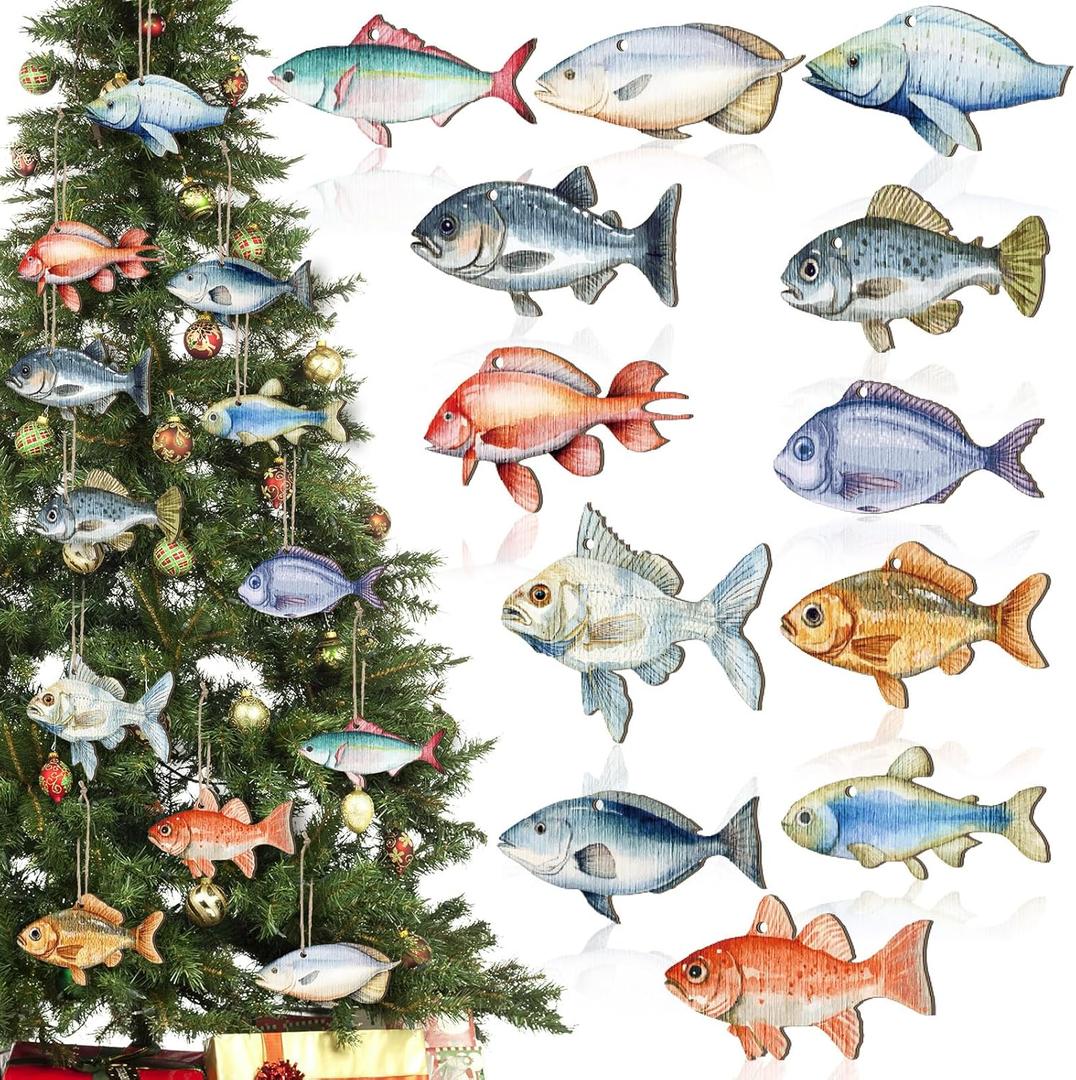 Thyle 24 Pcs Christmas Sea Fish Ornaments Bulk Christmas Wood Ocean Beach Tree Decorations Coastal Fish Hanging Ornaments Sea Animals Decor with Rope for DIY Craft Birthday Wedding Party