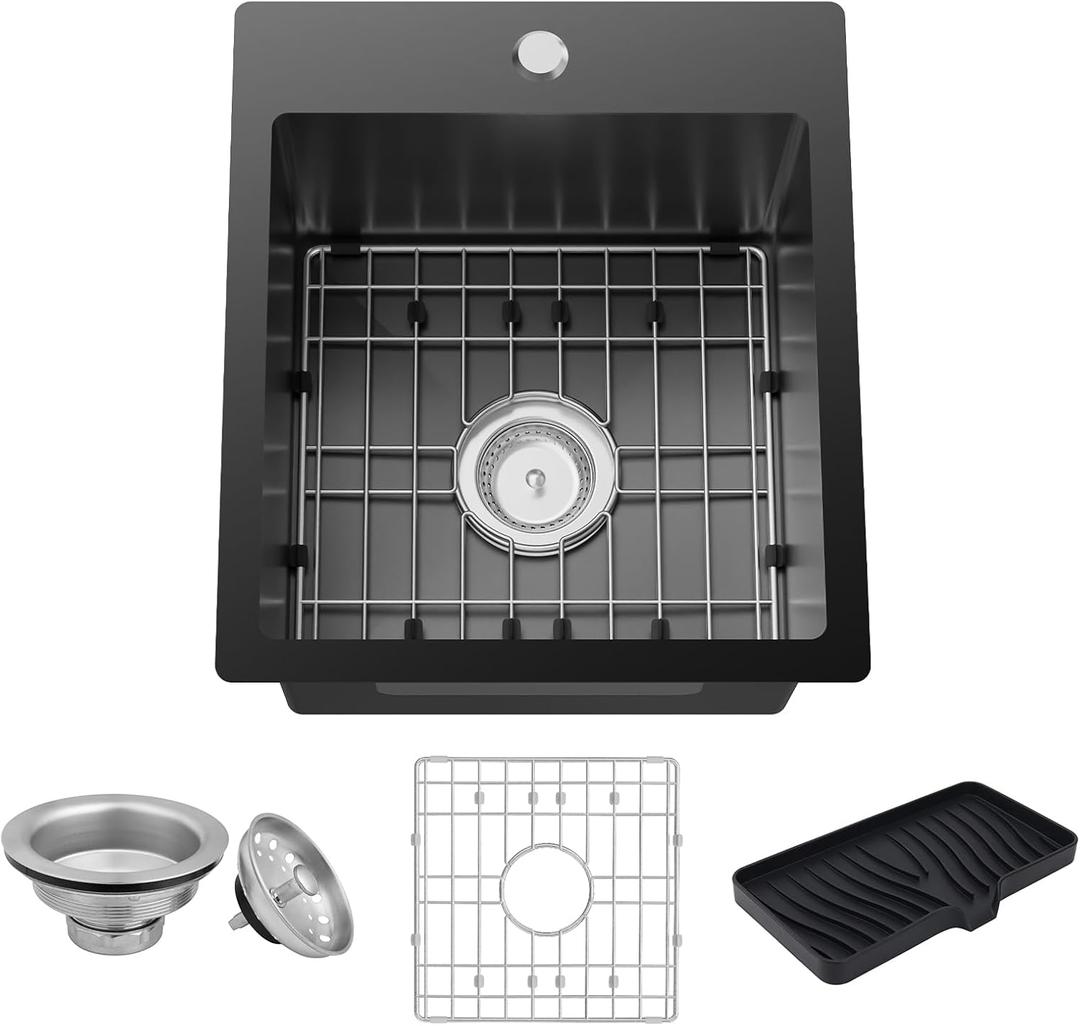 Black Kitchen Sink,15x17 Inch Bar Sink Stainless Steel Drop In Small Kitchen Sink Ideal Choice For Small Spaces Topmount Sink With Bottom Grid,Soap Mat And Drain Assembly Serve Both Kitchen And Bar