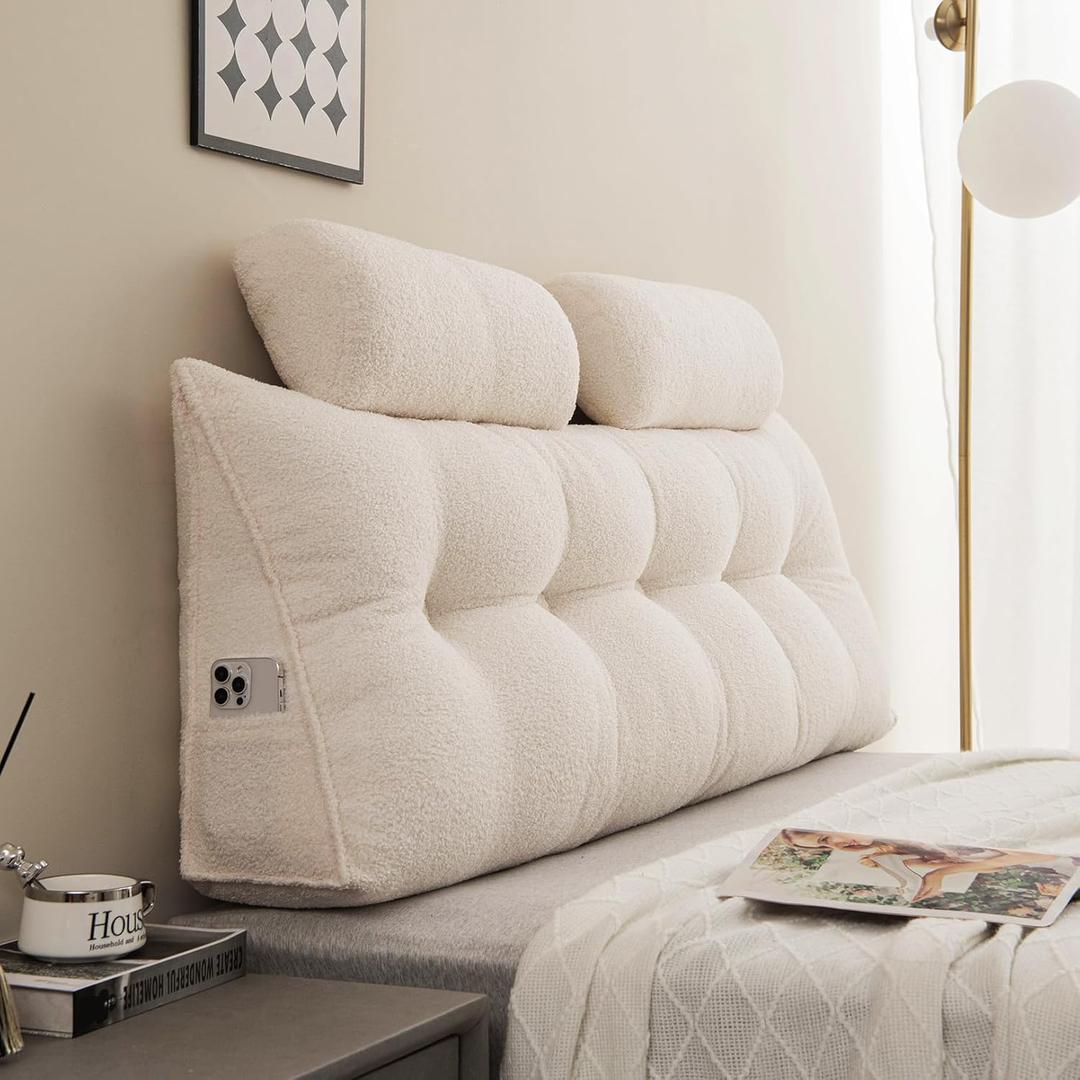 Headboard Pillow Queen Bed Wedge Pillow,Featuring Two Neck Pillow,Two Backrest Pillow And Two Large Side Pockets, Removable Cover, For Bed Rest Reading Pillow Sofa Bed Pillow,Teddy Velvet/Beige (Queeen)