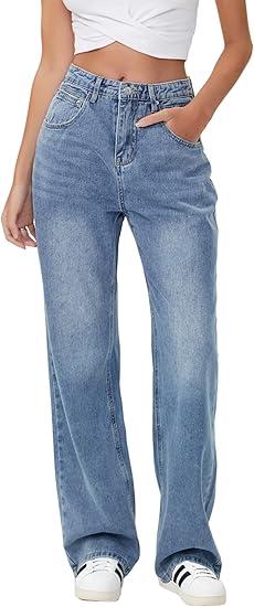 HDLTE Baggy Stretchy Jeans for Women High Waisted Trendy Wide Leg Jeans Boyfriend Denim Pants with Patch Pockets.XS