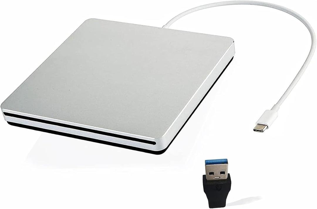 External USB-C SuperDrive DVD CD Drive Portable DVD CD Reader/Burner for Apple-MacBook Air/Pro/iMac/Mini/MacBook Pro/ASUS/DELL/Laptop with USB-C Port Plug and Play (Silver)