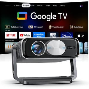 Smart Projector [Built in Google TV and 4K Support] with WiFi and Bluetooth, 2500ANSI, Auto Lens Cap, Portable Outdoor Movie Projector with Built-in Apps Auto Focus for Ceiling/Home Theater/Bedroom