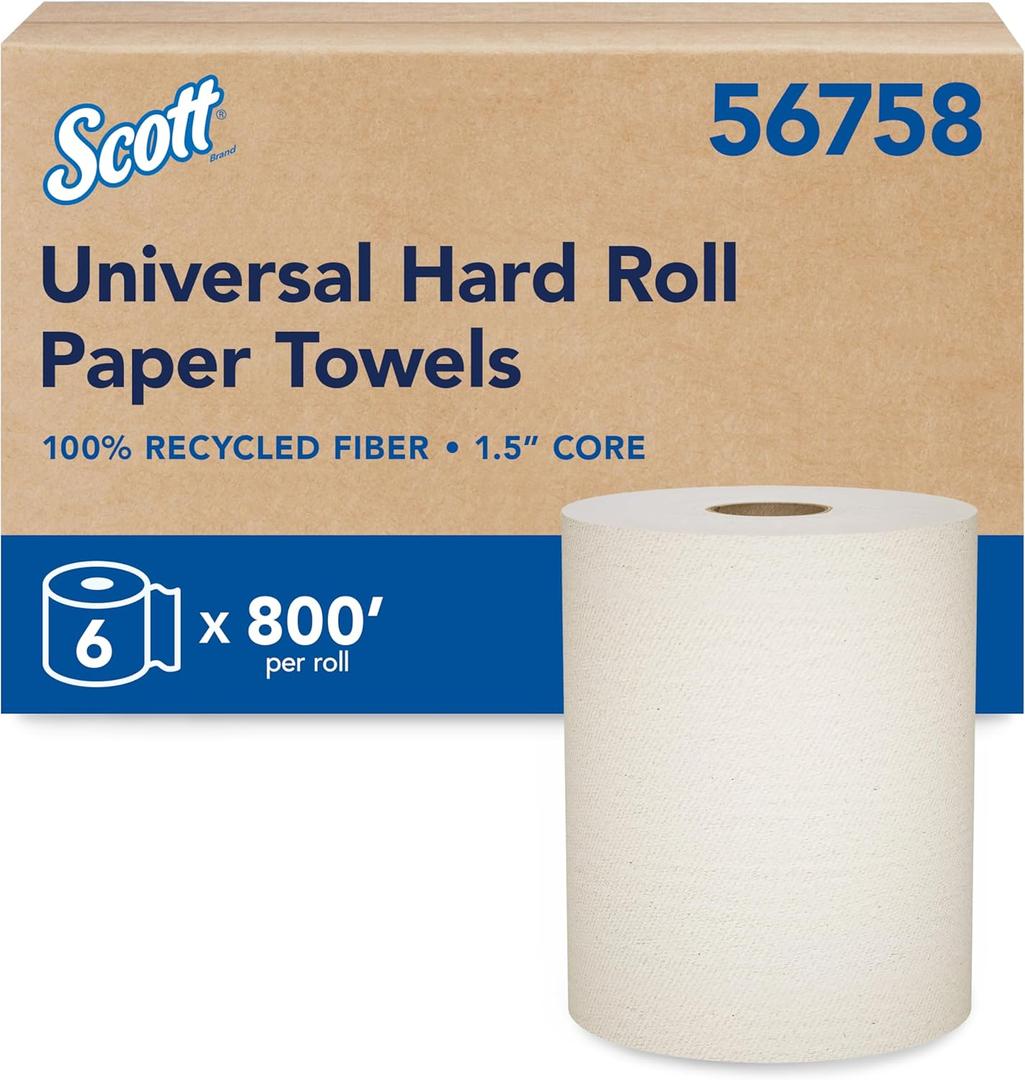 Scott Professional Universal 100% Recycled Fiber Hard Roll Paper Towels, Bulk (56758), Hardwound 1.5" Core, Absorbency Pockets, Compressed, Brown (6 Rolls at 800' Each, 4,800'/Case)