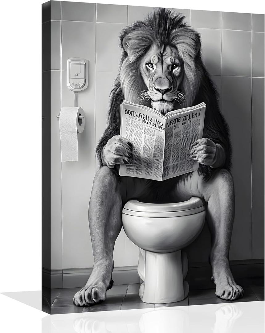 OWNANRTHM Lion Bathroom Canvas Wall Art Funny Animal Bathroom Wall Art Lion on Toilet Bathroom Painting Black and White Animal Bathroom Pictures for Bathroom Restroom Wall Framed 8X10 inch (10L" x 8W")