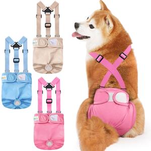 Idepet Female Dog Diapers with Suspender Detachable, 3 Pack Washable Reusable Girl Doggie Diapers for Small Medium Female Dog in Heat Period Cycle Urinary Incontinence Training, Large