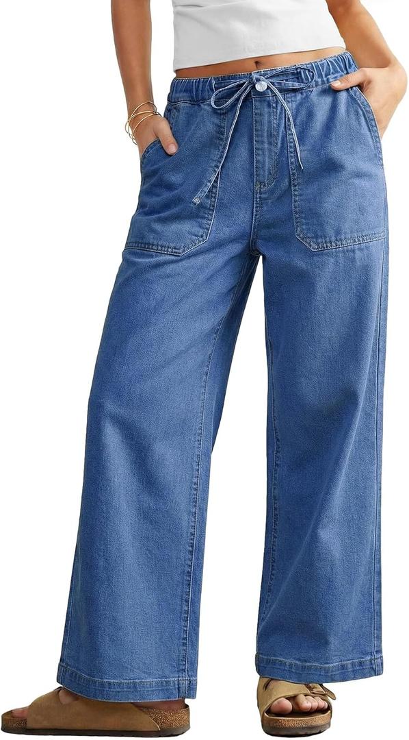GRAPENT Wide Leg Highwaisted Jeans Womens Stretchy Jeans for Women Straight Pull on Stretch Wide Leg Denim Pants Country Concert Outfits Classic Blue X-Large Plus Size 16 to 18