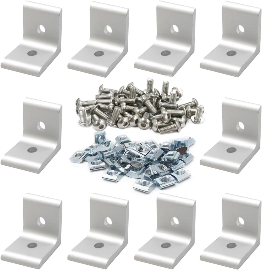 BLCCLOY 10Sets 10 Series 1" x 1" Aluminum Extrusion Profiles Corner 1010 Series Angle Bracket Connector with M6 T Slot Nuts Bolts for 1 Inch x 1 Inch Extruded Aluminum Profile Rail