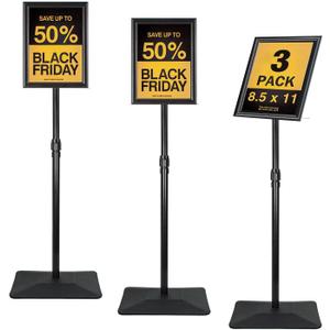 Adjustable Sign Stand for Display, with Upgraded Iron Base, Pedestal Floor Signage Stand Holder for Outdoor or Indoor Advertising (8.5 x 11, Black, 3Pack)