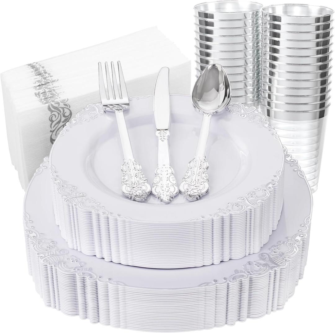Nervure 175PCS Silver Plastic Plates - White and Silver Disposable Plates for 25 Guests Include 50Plates, 25Cups, 25Forks, 25Knives, 25Spoons, 25Napkins for Wedding & Party