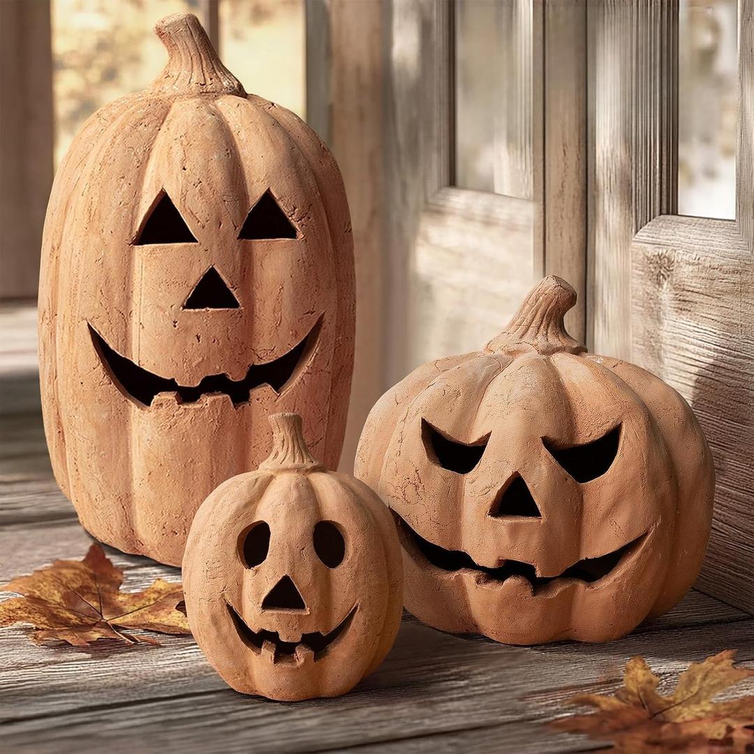 Fall Decorations for Home - Handmade Terracotta Pumpkin Jack O' Lantern | 10"H Farmhouse Rustic Decor, Halloween Decor, Autumn Party Table Decoration, For Indoor Outdoor Porch Door Mantel