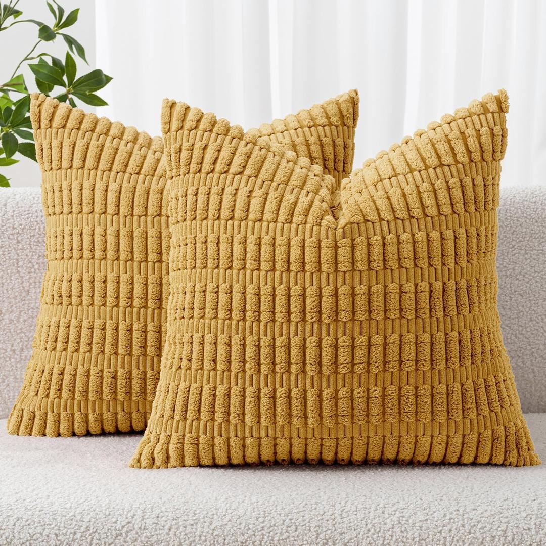 MIULEE Pack of 2 Corduroy Decorative Throw Pillow Covers 18x18 Inch Soft Boho Striped Pillow Covers Modern Farmhouse Home Decor for Summer Sofa Living Room Couch Bed Yellow