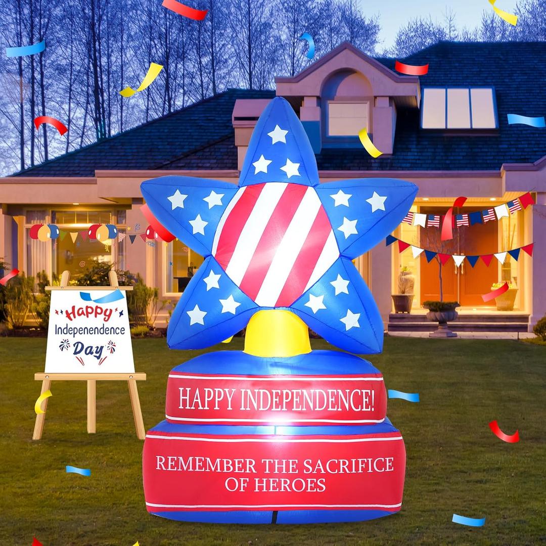 July 4th 6FT Five-pointed Star Outdoor Inflatable Decoration with Built-in LED Lights to Illuminate Your Yard, Suitable for Celebrating Independence Day and Hosting Outdoor and Indoor Parties