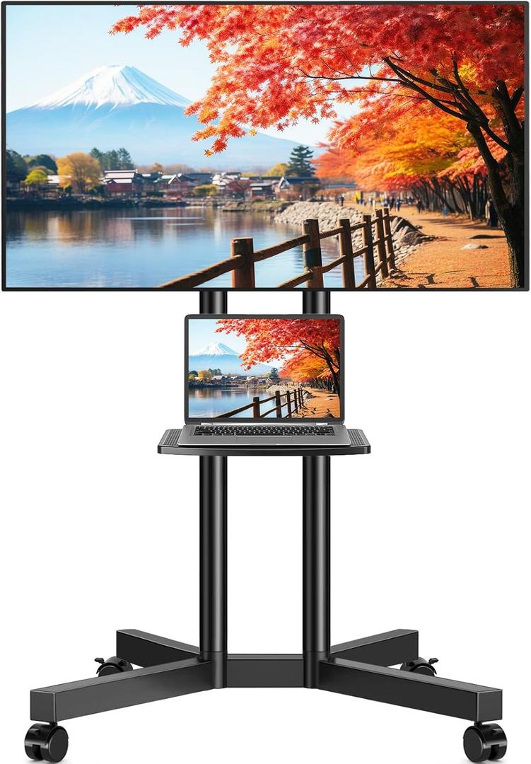 Rfiver Rolling TV Stand with Laptop Shelf, Mobile TV Stand with Upgraded Wheels for 32-75 Inch TVs, Height Adjustable Mobile TV Cart up to 88lbs, Portable TV Mount Stand for Outdoor, Home, Office