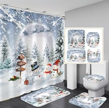 XSWPL Winter Christmas Shower Curtain Set Xmas Snowman Shower Curtain Decor Bathroom Sets with Rugs 4 Pcs Christmas Waterproof Bathroom Set with 12 Hooks