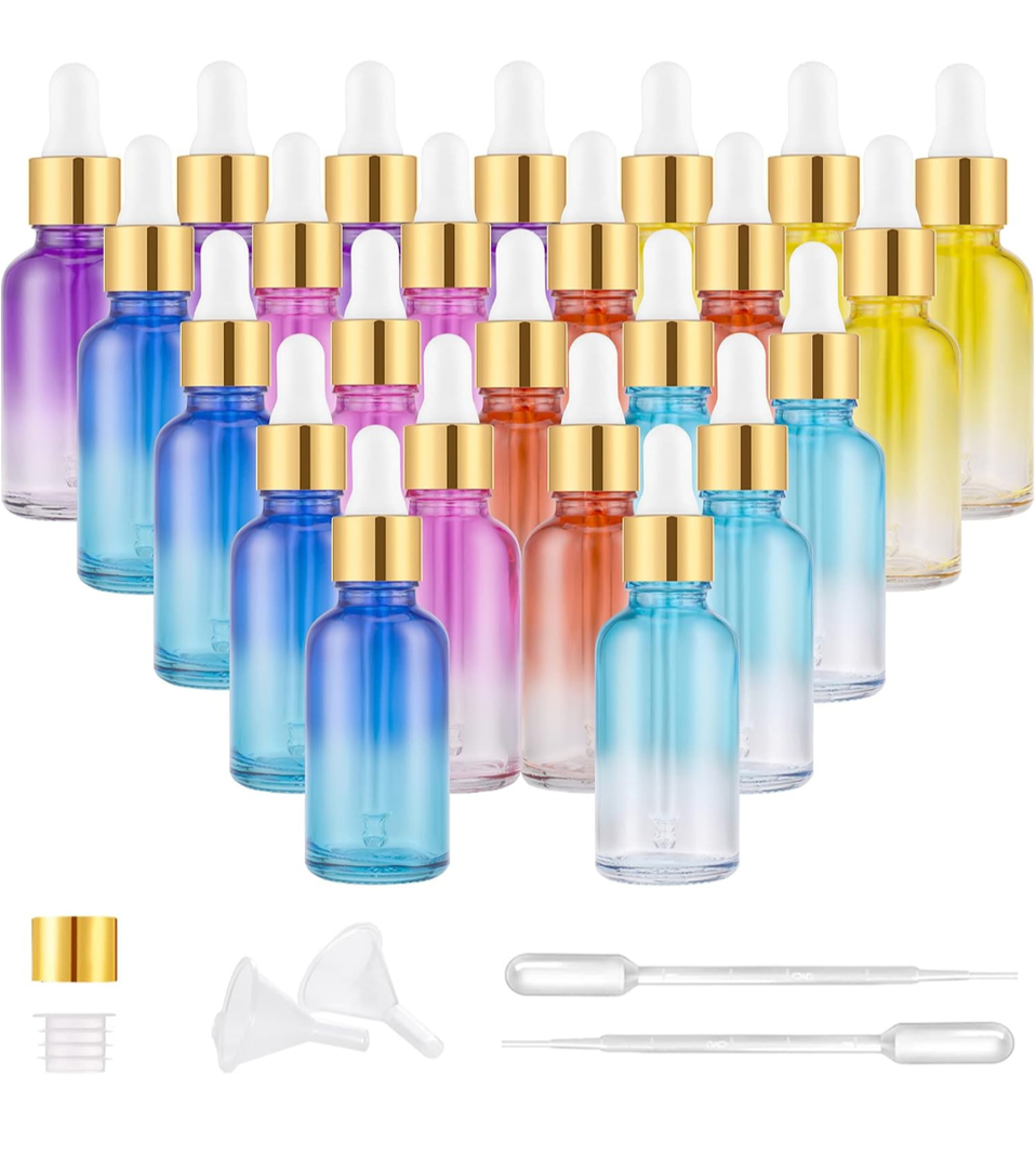 PrettyCare Glass Eye Dropper Bottles 24 Pack, 1oz (30ml) Rainbow Empty Thick Bottles Bulk with Leakproof Goledn Caps - With Labels & Funnels for Storage, Travel, Essential Oils, Cuticle, Tinctures