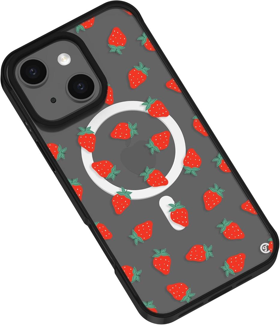 Compatible for iPhone 14 Plus Case with Magsafe,Strawberry Garden Pattern Girly Aesthetic Kawaii Fruit Design Clear Shockproof Phone Case Cover for Women Girls