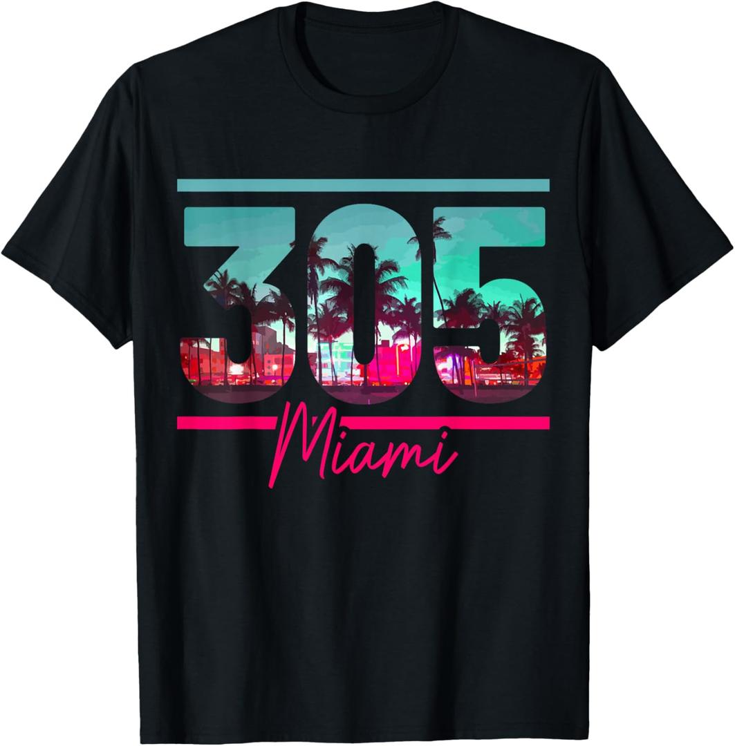 Miami 305 Area Code Florida Vintage Palm Trees Pride Retro T-Shirt Small, M