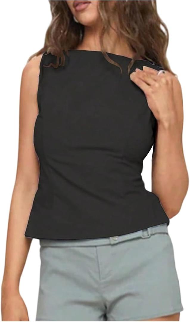 SOLY HUX Women's Tie Backless Tank Top Crew Neck Sleeveless Y2k Party Club Tops (Black, L)